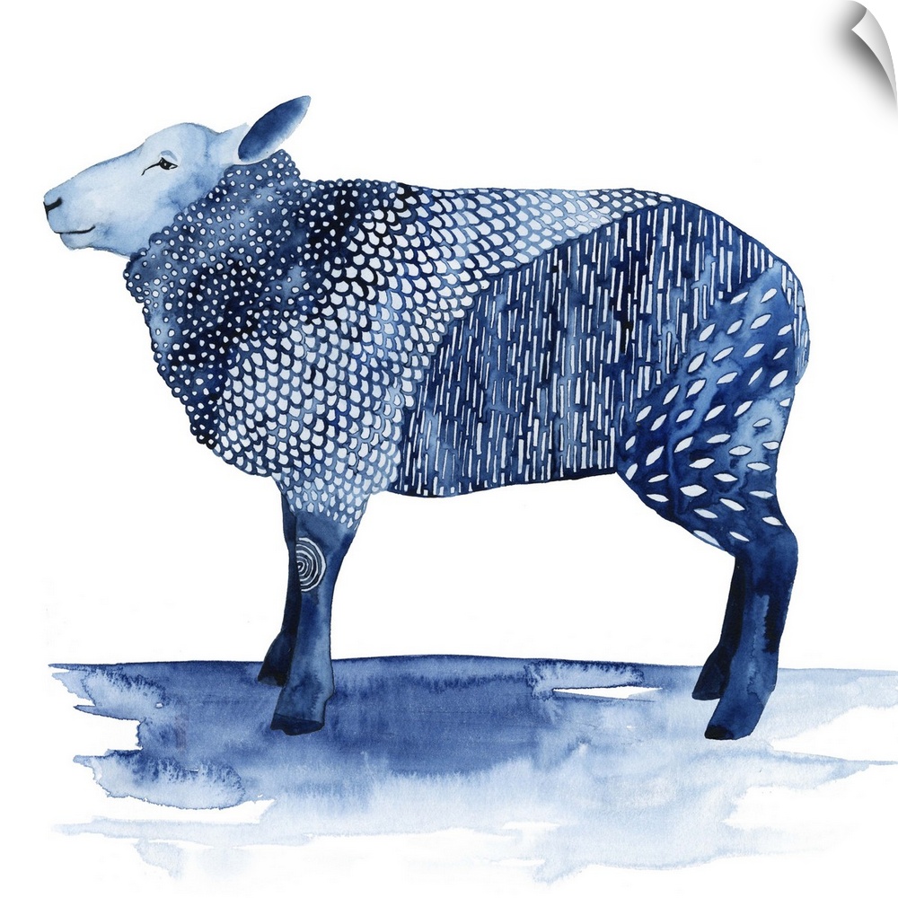 In this contemporary artwork, a pleasant farm animal is adorned by different patterns in shades of blue.