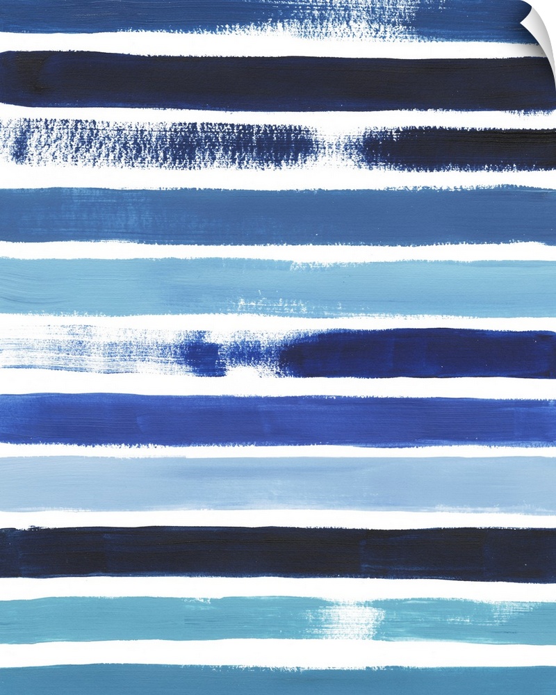 Modern painting of prominent, horizontal brush srtokes in shades of blue on a white background.