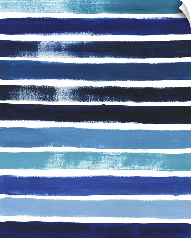 Modern painting of prominent, horizontal brush srtokes in shades of blue on a white background.