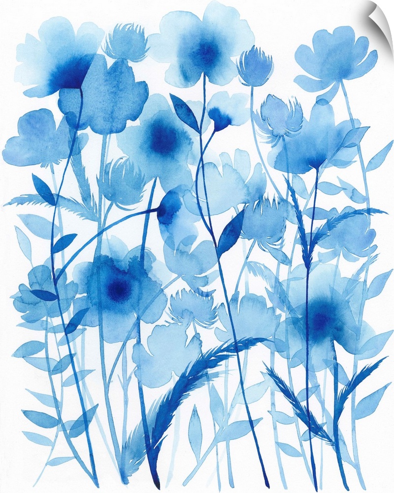 Blue watercolor flowers against a white background.