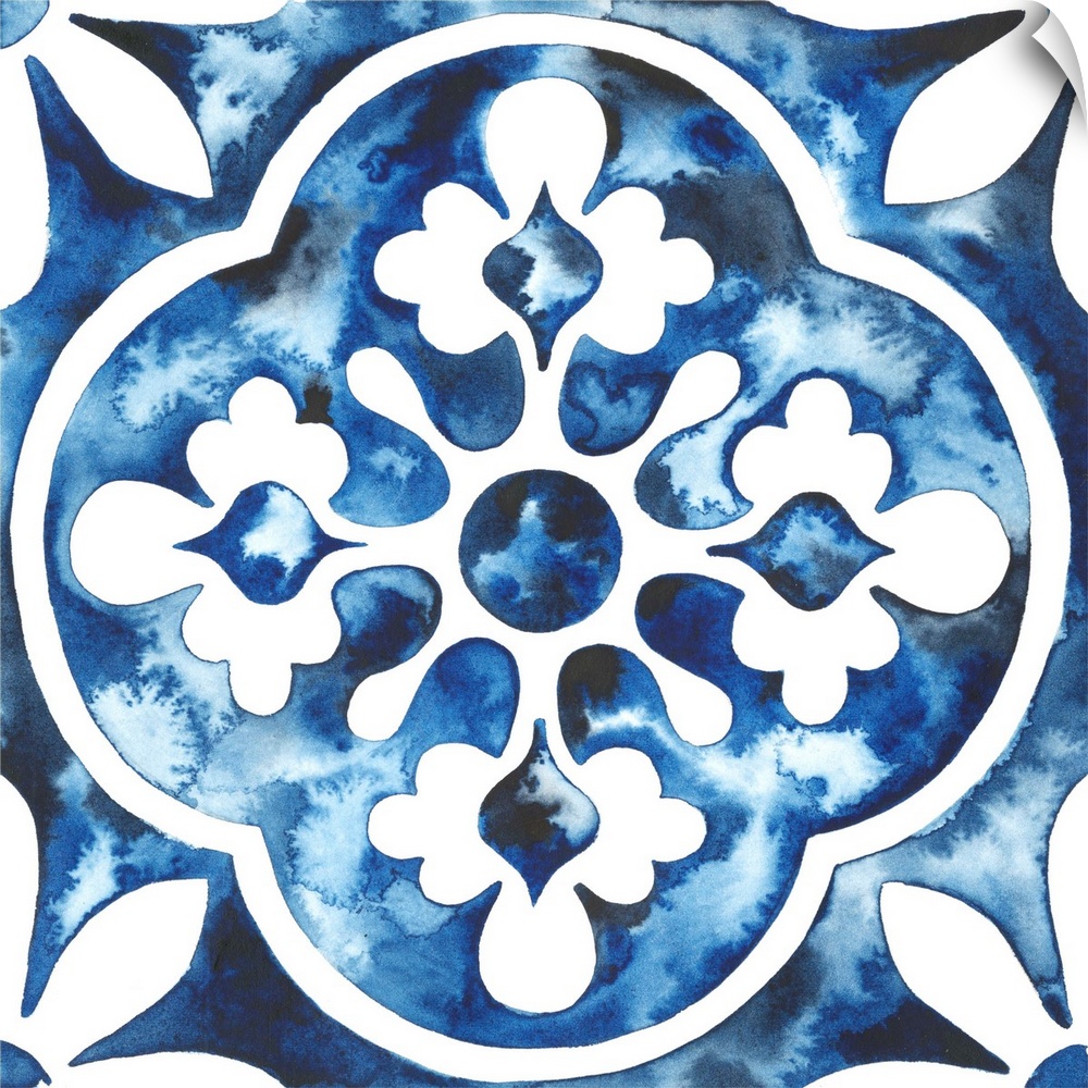 Watercolor painting of a floral tile design in blue and white.