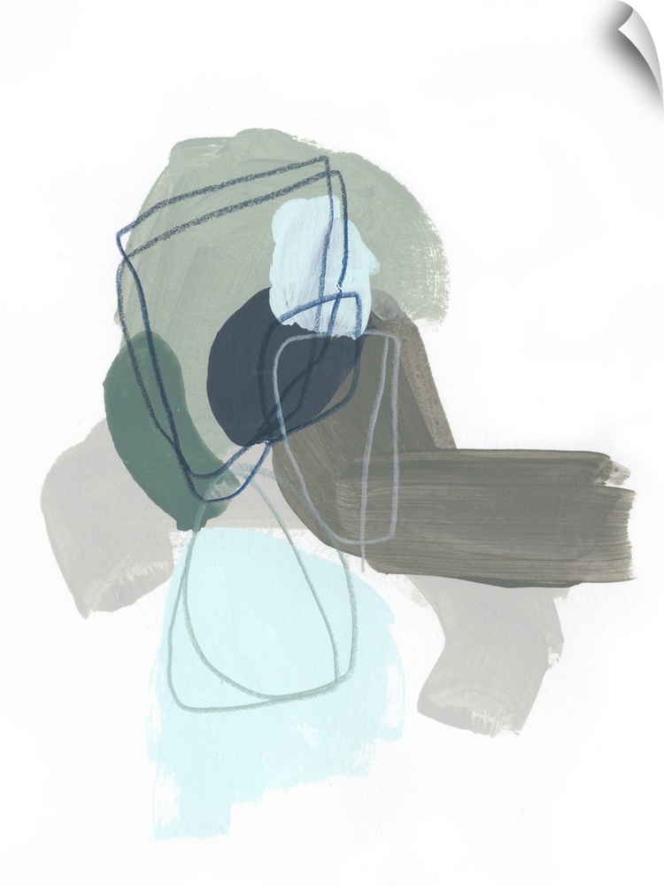 Abstract painting in cool tones of gray, blue and teal with overlaying scribbles in circular shapes.