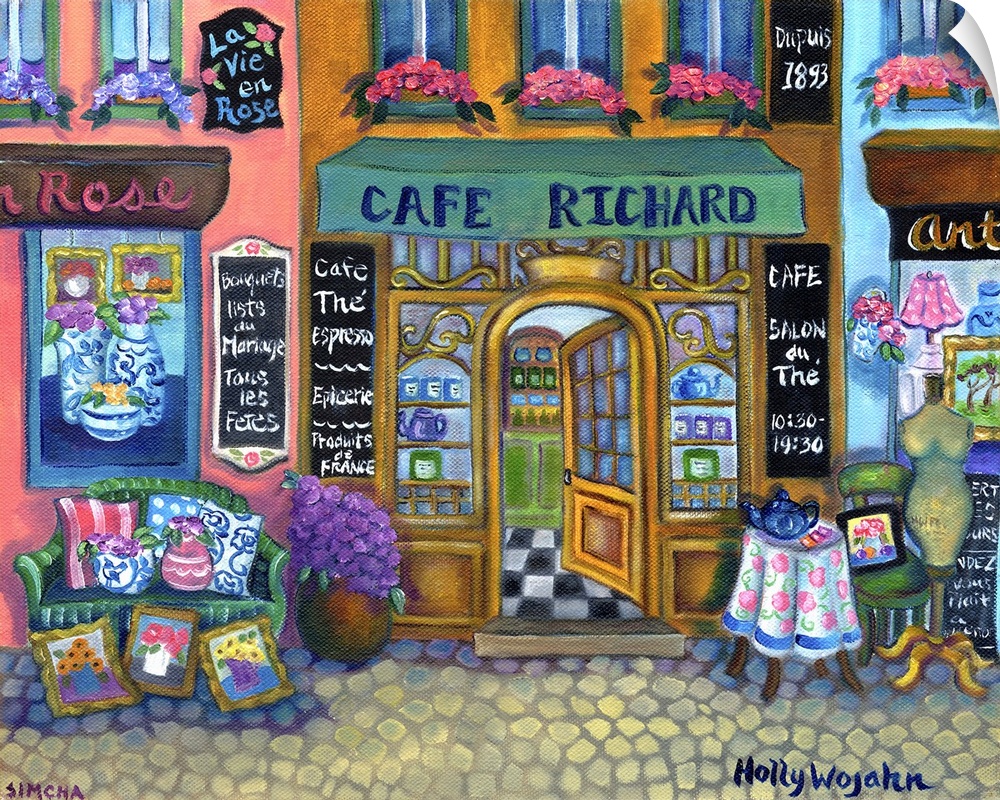 Colorful painting of a French cafe with a green awning, hand-written menus, and a bench.