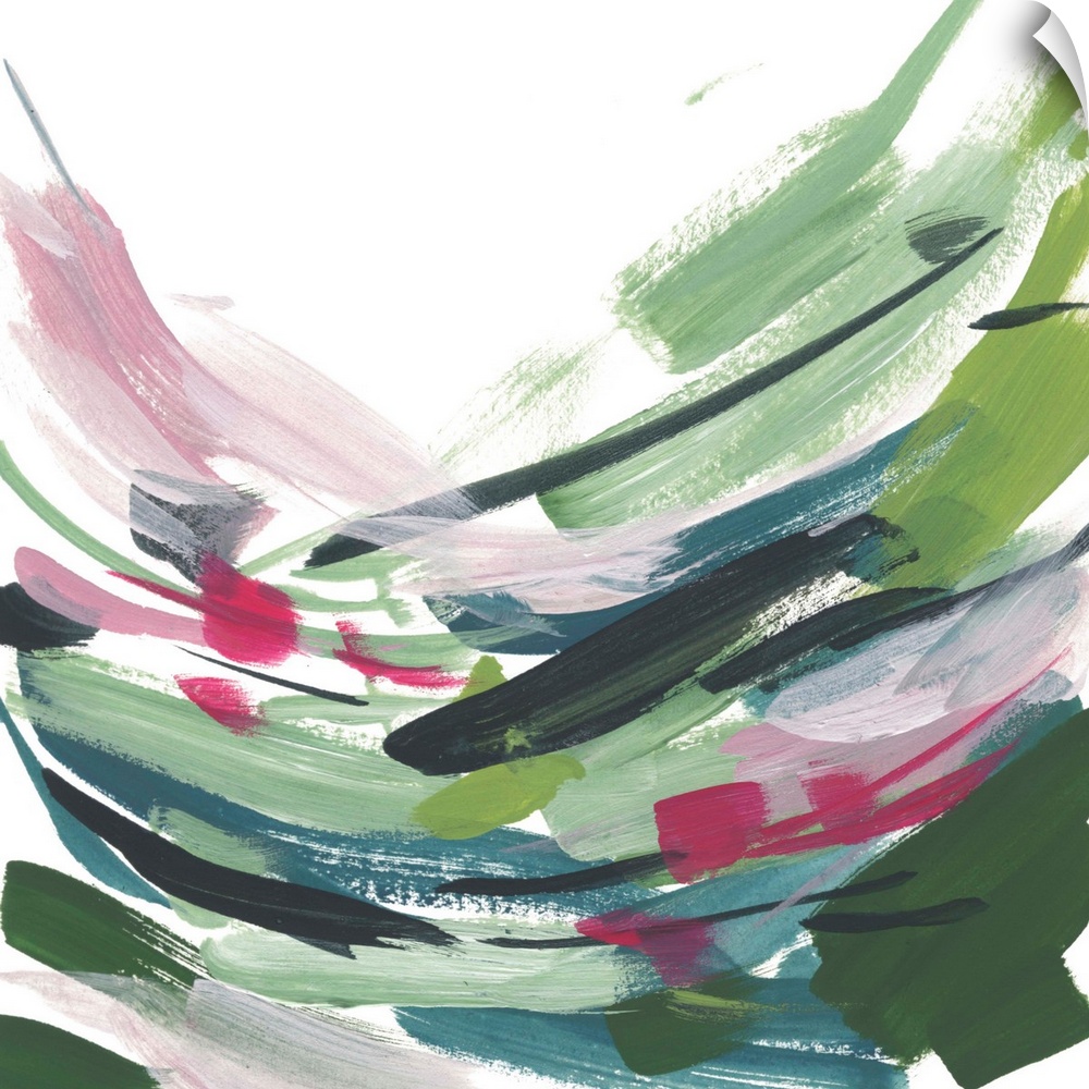 Contemporary abstract painting with short colorful brush strokes.