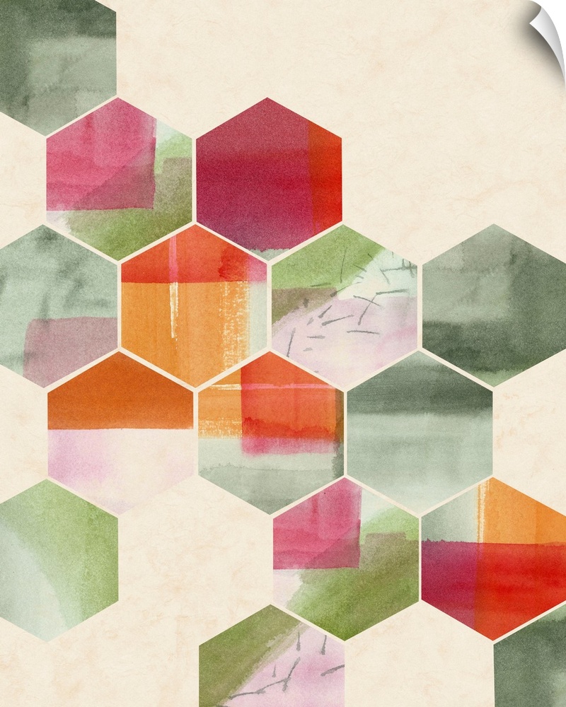 Geometric abstract art of hexagon shapes in red and green.