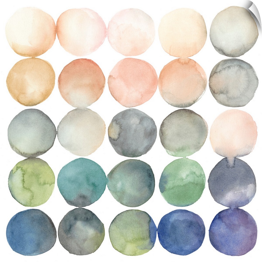 Watercolor art print of twenty-five round shapes in peach and blue shades.