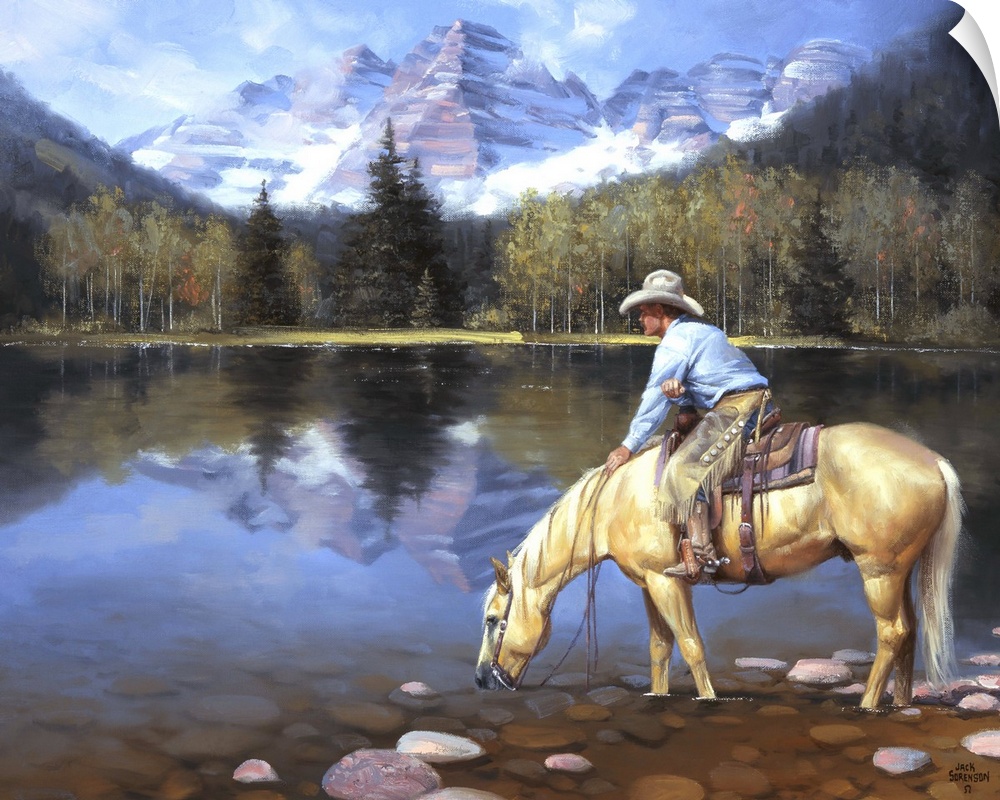 Contemporary Western artwork of a cowboy on his horse taking a drink from a mountain lake.