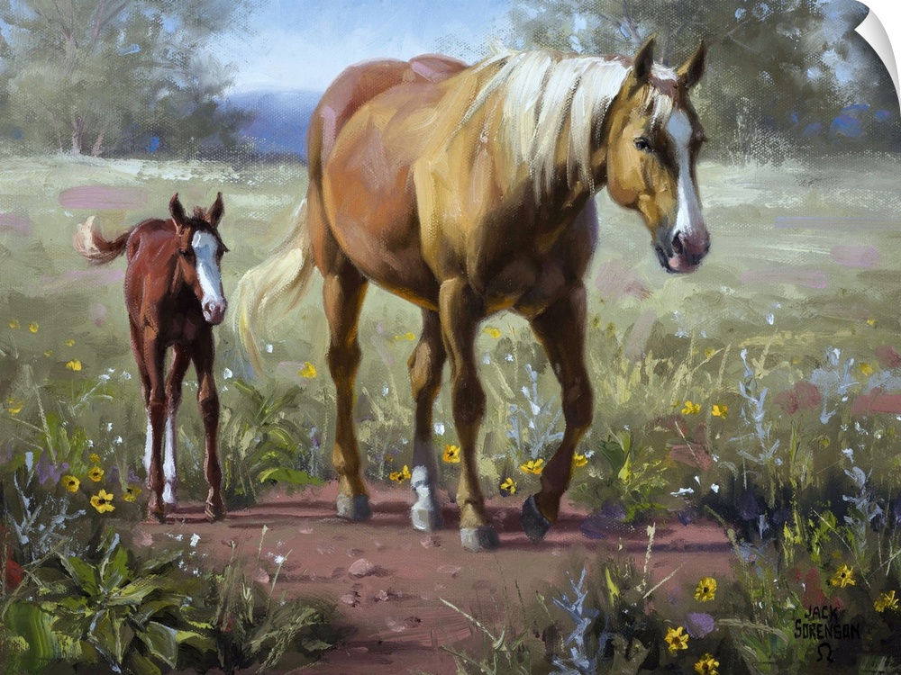 Contemporary Western artwork of a palomino mare and her newborn foal walking across a meadow.