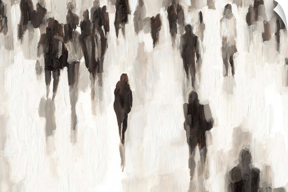 Abstracted figurative painting of a crowd of people commuting to and from work.