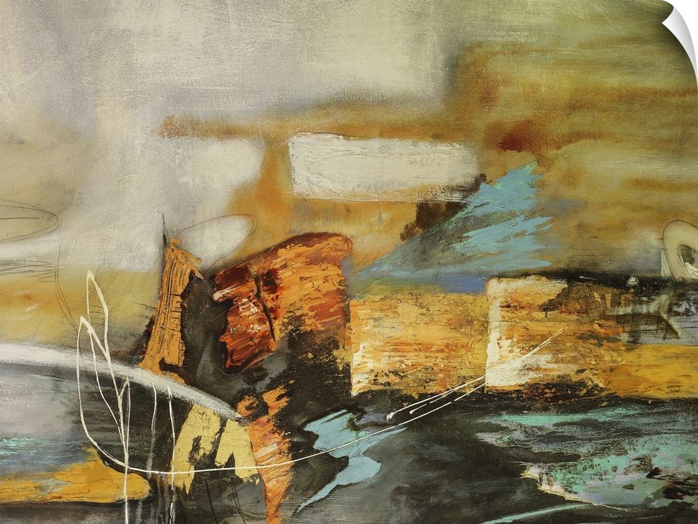 Horizontal abstract painting in tones of yellow, orange and gray with thin white brushstrokes overlapping.
