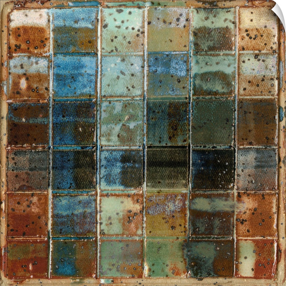 A contemporary abstract painting of a grid of squares in grungy muted colors.