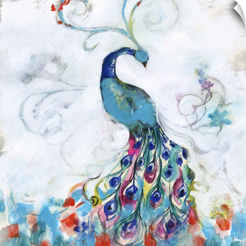 Whimsical painting of a colorful peacock with brightly colored feathers.