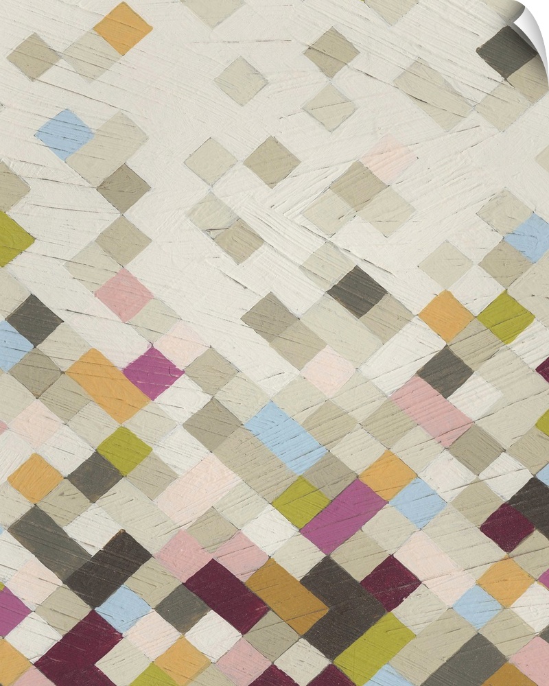 Contemporary abstract art using lattice diamond patterns in soft colors.