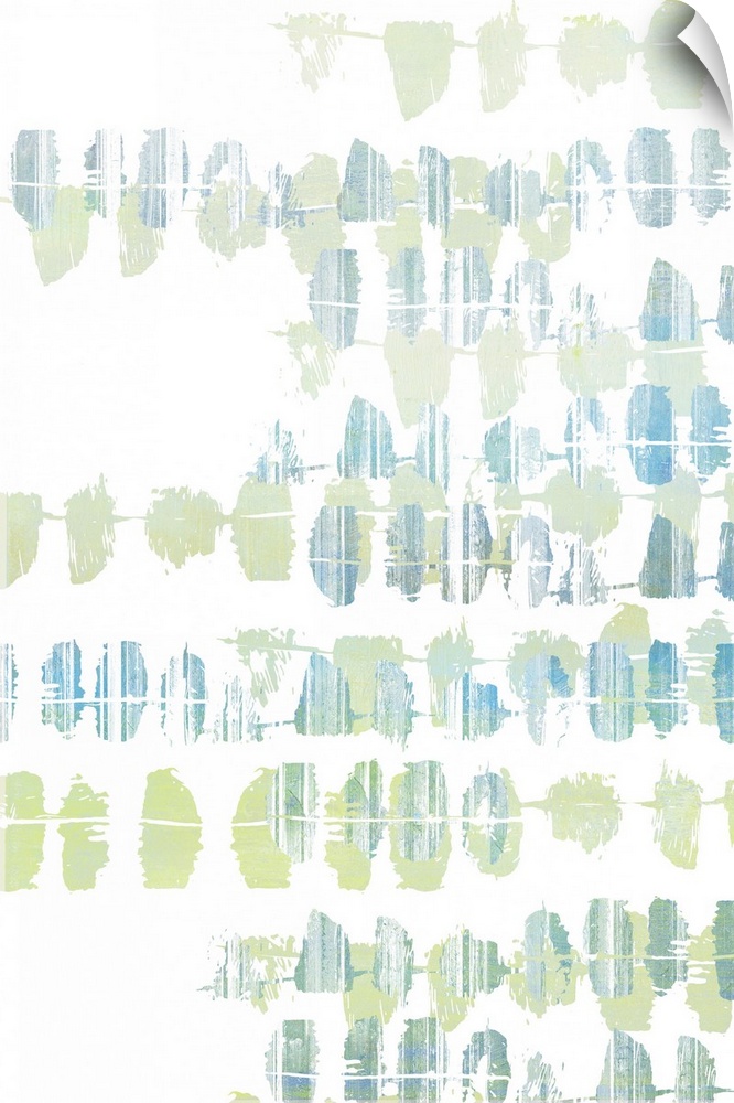 Contemporary abstract painting of rows of blue and green spots on white.