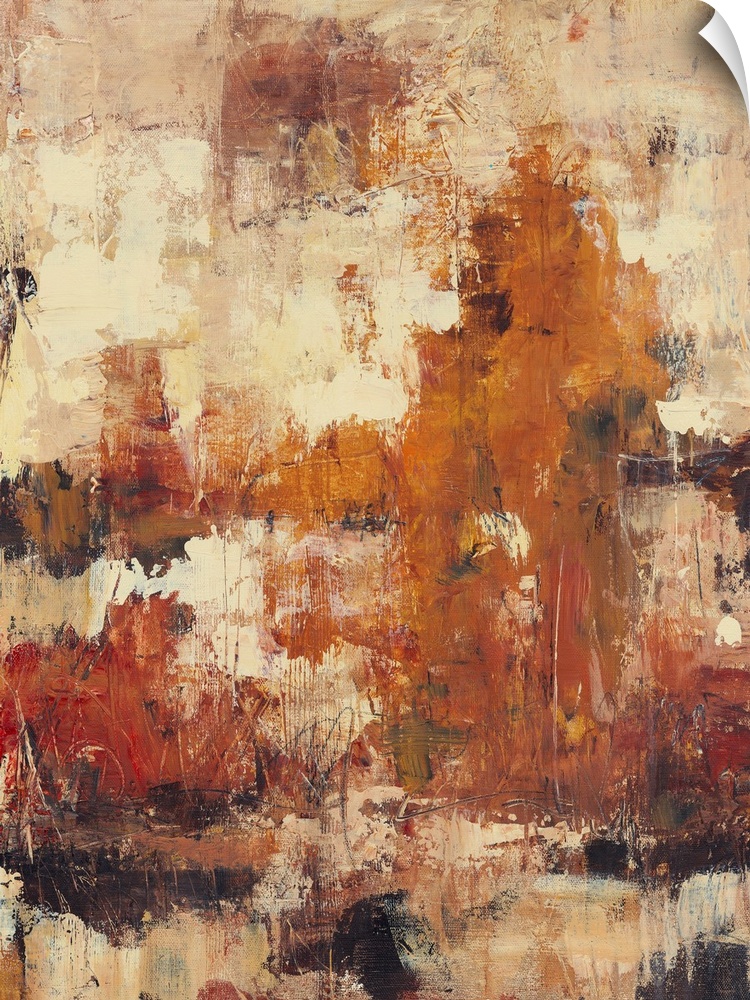 Abstract artwork that uses autumn colors splashed onto a neutral background with a distressed look.