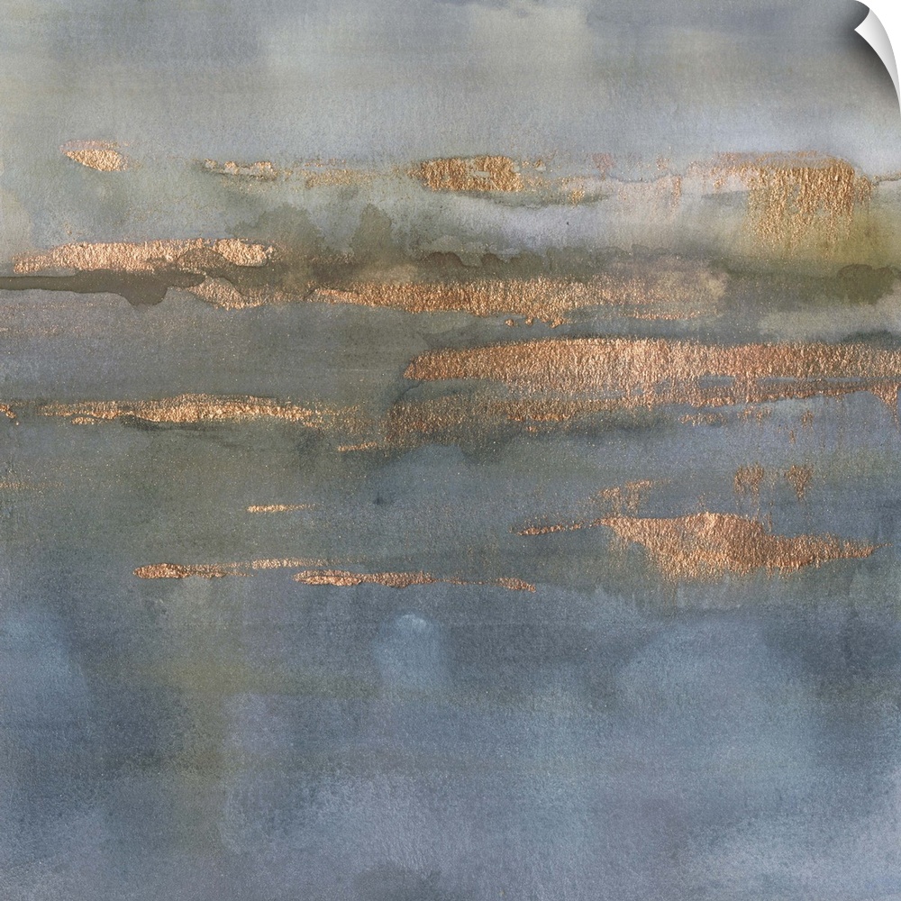 Square abstract painting of horizontal blurred brush strokes in gray tones with hints of metallic copper.