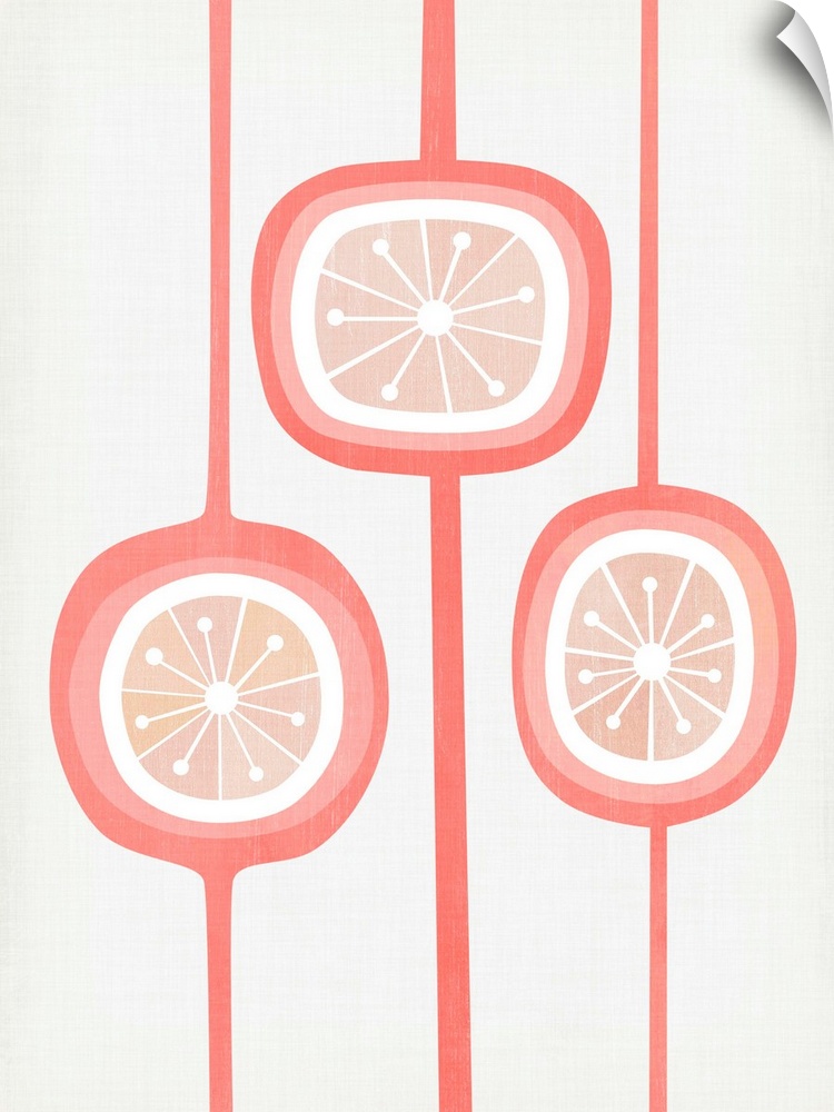Mid-century modern design of three seed pod shapes in shades of coral and blush against a dove grey background