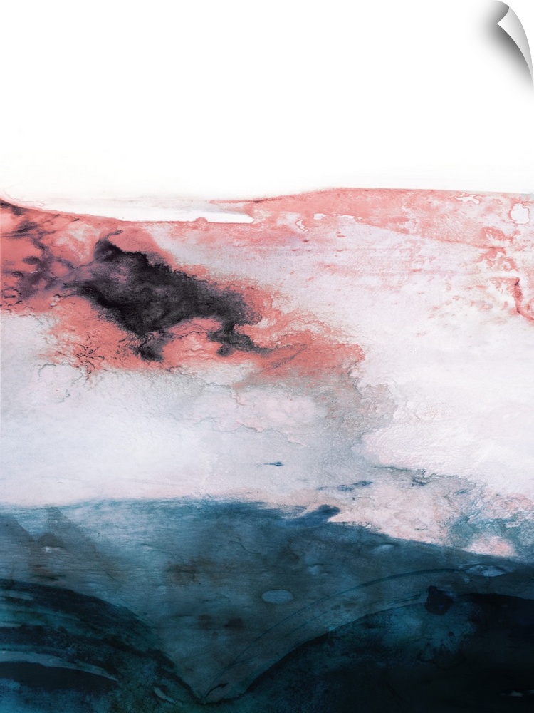 Watercolor abstract painting reminiscent of a landscape in shades of coral, pink, white and a dark teal blue