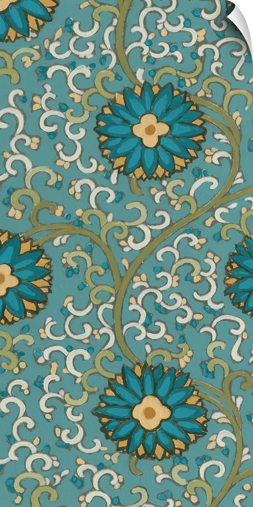 Decorative floral patterned artwork using blue and green tones.