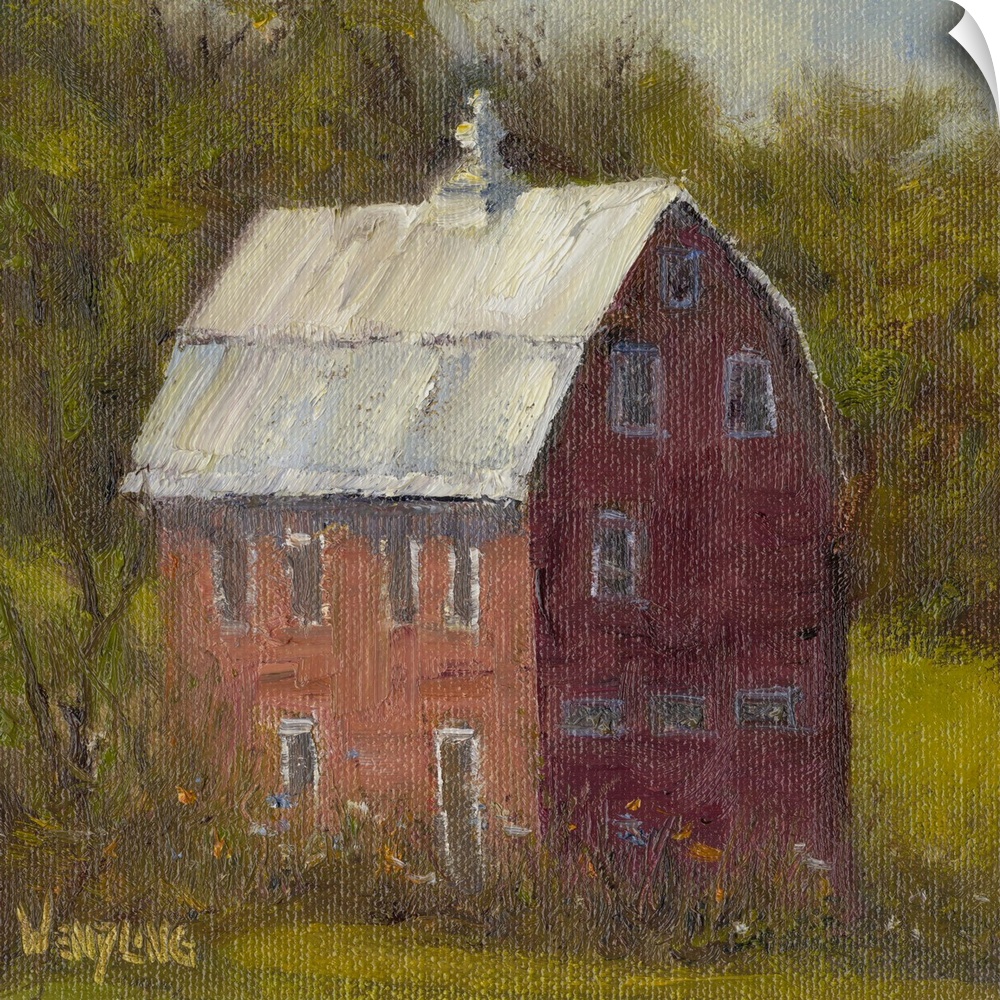 Contemporary painting of a red barn in the country, surrounded by trees.