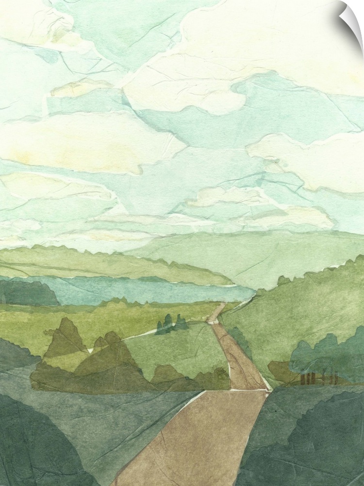 Countryside landscape painting with a road crossing over rolling hills.