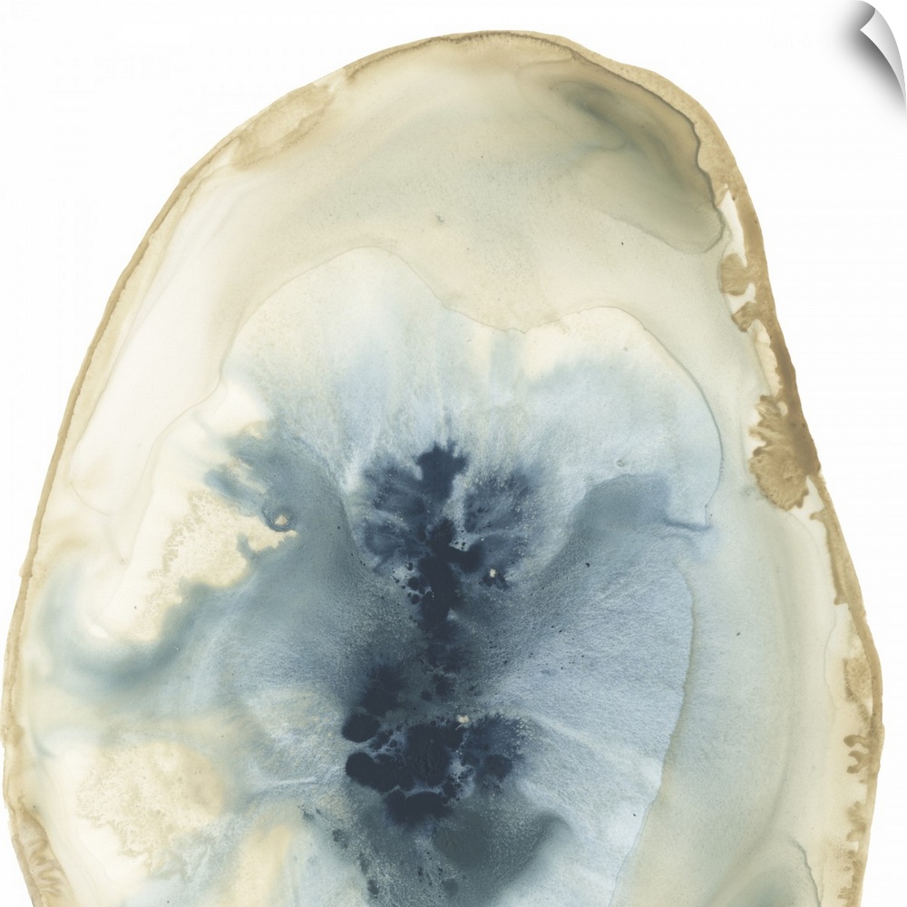 Watercolor painting of a geode stone with blue accents on a white background.