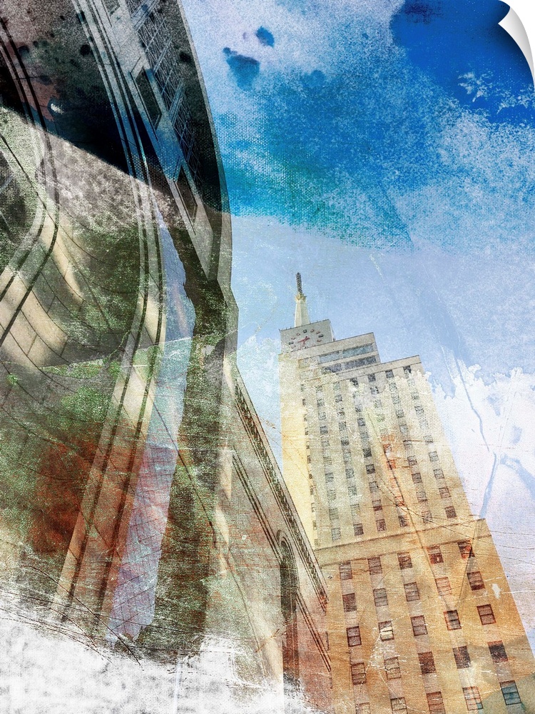 Abstract photograph of architecture in downtown Dallas, TX with a rough textured overlay.