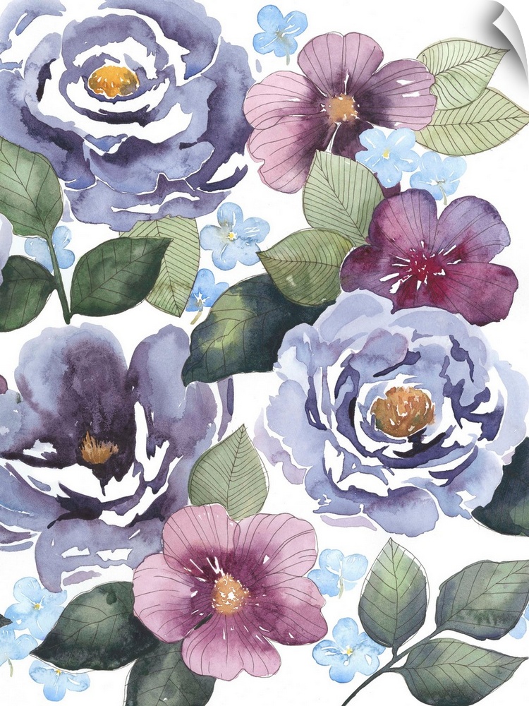 Watercolor painting of several purple peonies and green leaves.