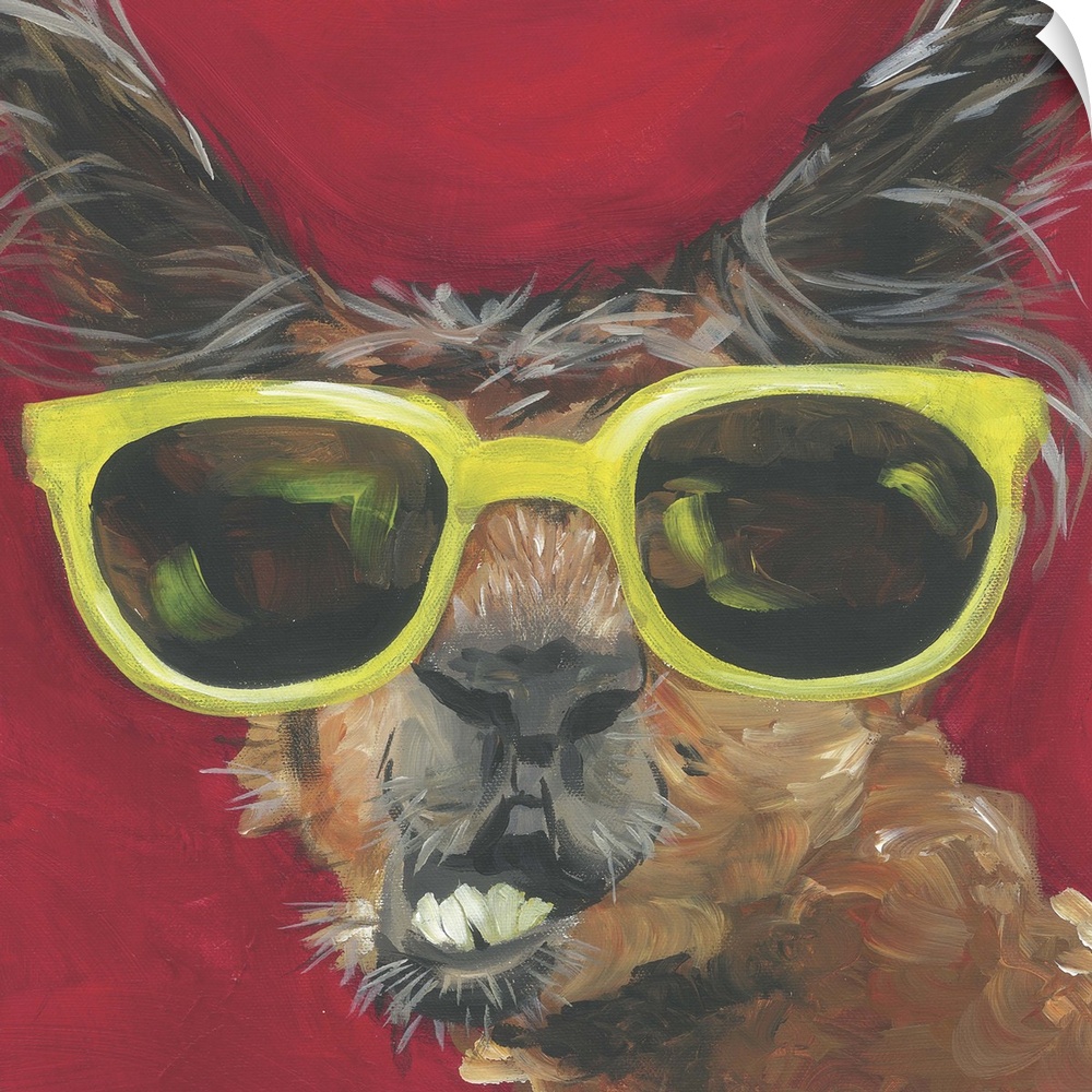 A engaging portrait of a llama wearing yellow sunglasses on a red background.