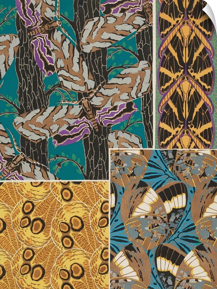 A decorative collage of varies types of butterflies in colorful patterns.