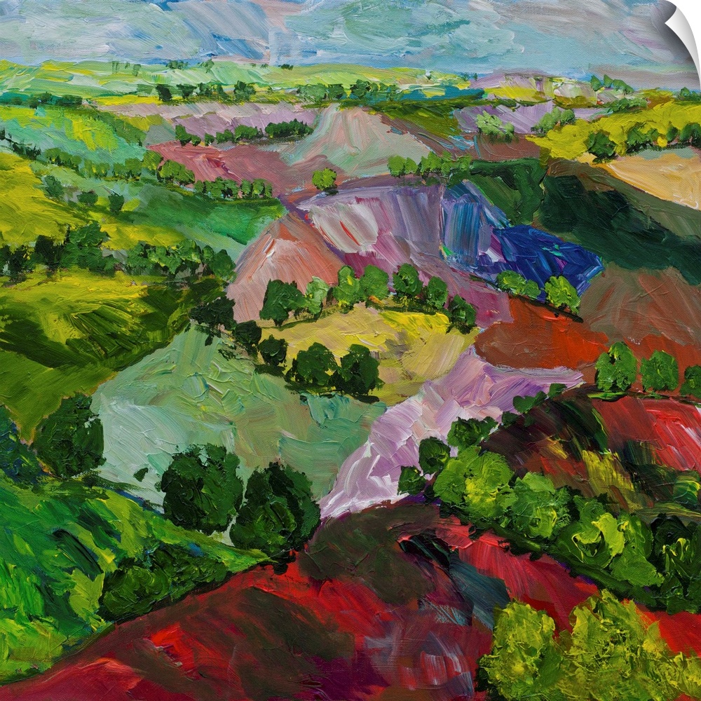 Contemporary painting of a country landscape with colorful hills and rows of trees.