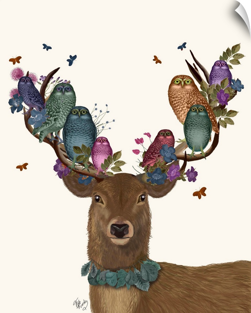 Digital illustration of a buck wearing leaves around his neck and on his antlers and colorful owls.