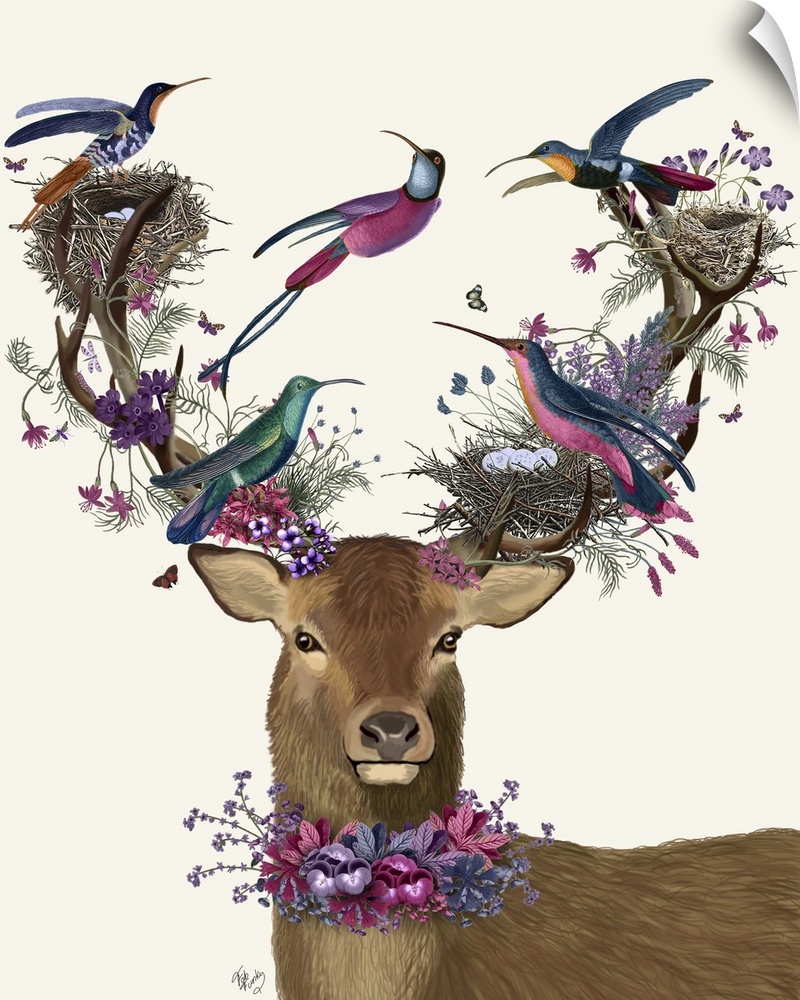 Digital illustration of a buck wearing flowers around his neck and on his antlers along with tropical birds and their nest.