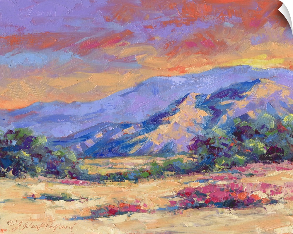 Contemporary vibrant landscape painting of a desert mountain sunset.