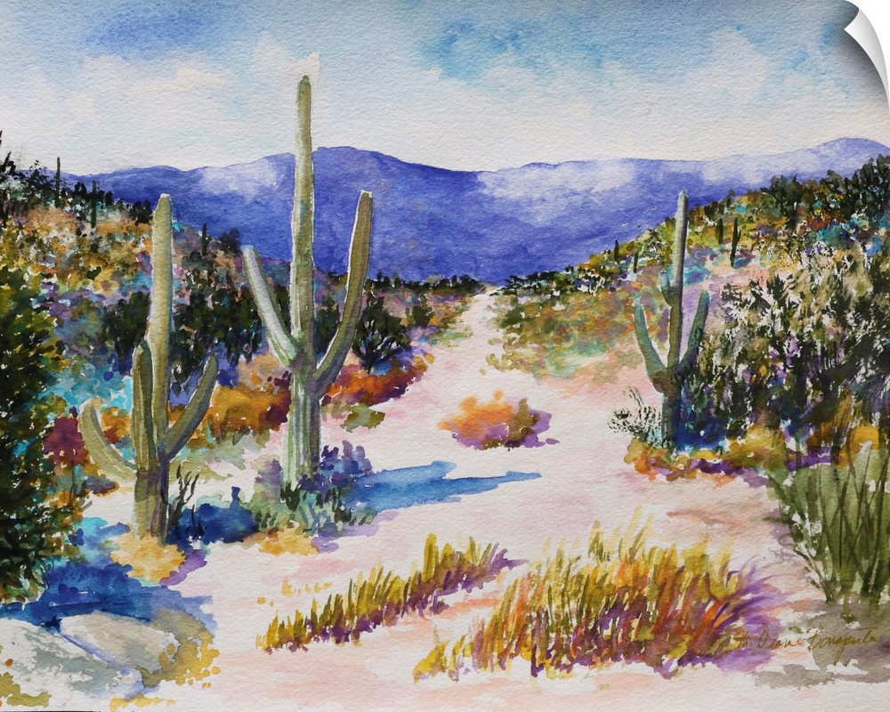 A beautiful watercolor painting of tall cactus in a lush desert landscape