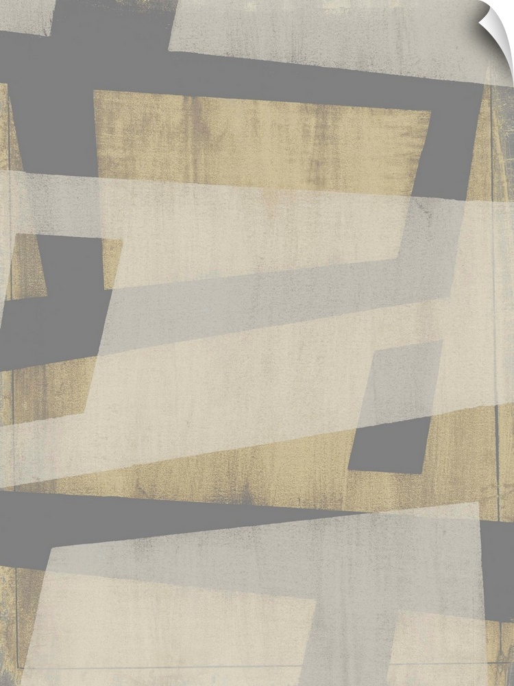 This contemporary artwork displays neutral tones in angular geometric shapes with varying opacity.