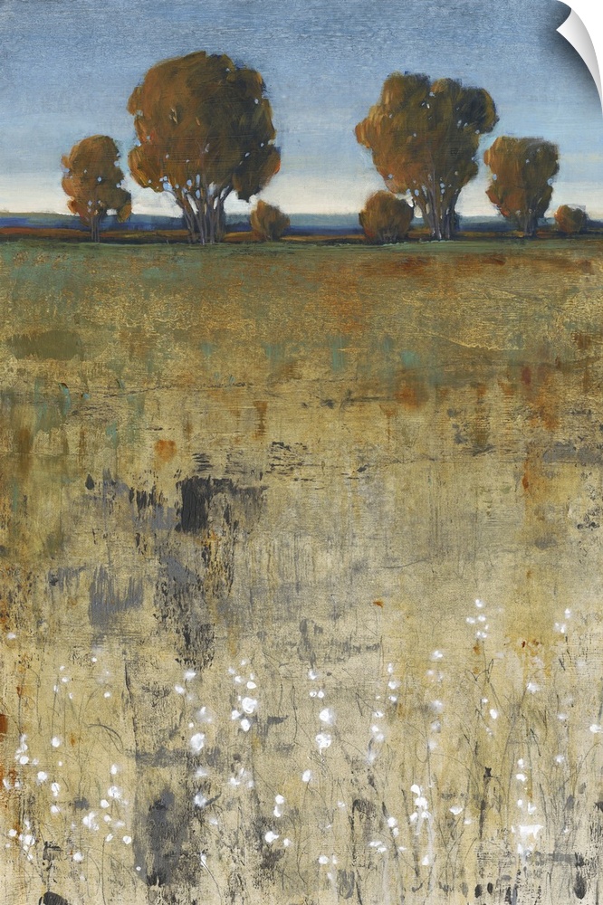 Contemporary painting of a field with trees in the distance.