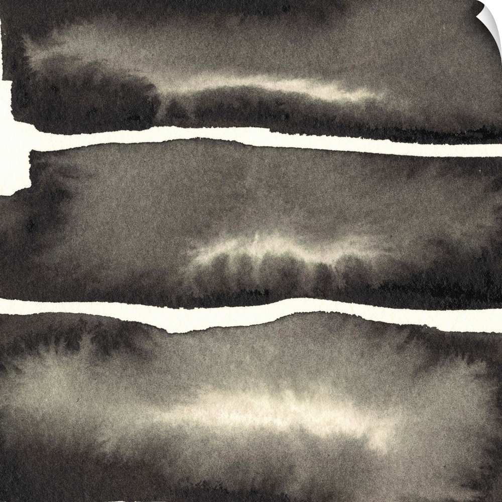 Abstract artwork of three blocks of charcoal grey paint with watery centers.
