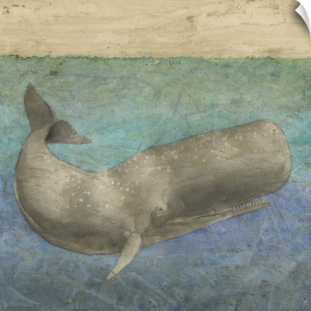 Contemporary painting of a whale below the surface of the water.