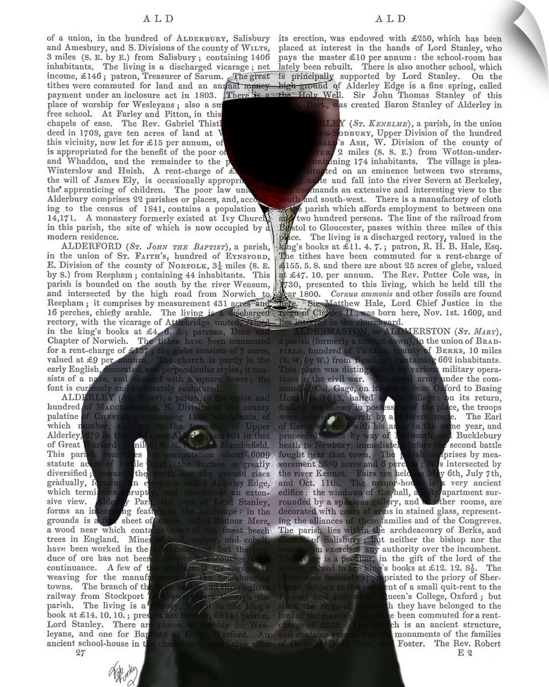 Decorative art with a Black Lab balancing a glass of red wine on its head painted on the page of a book.
