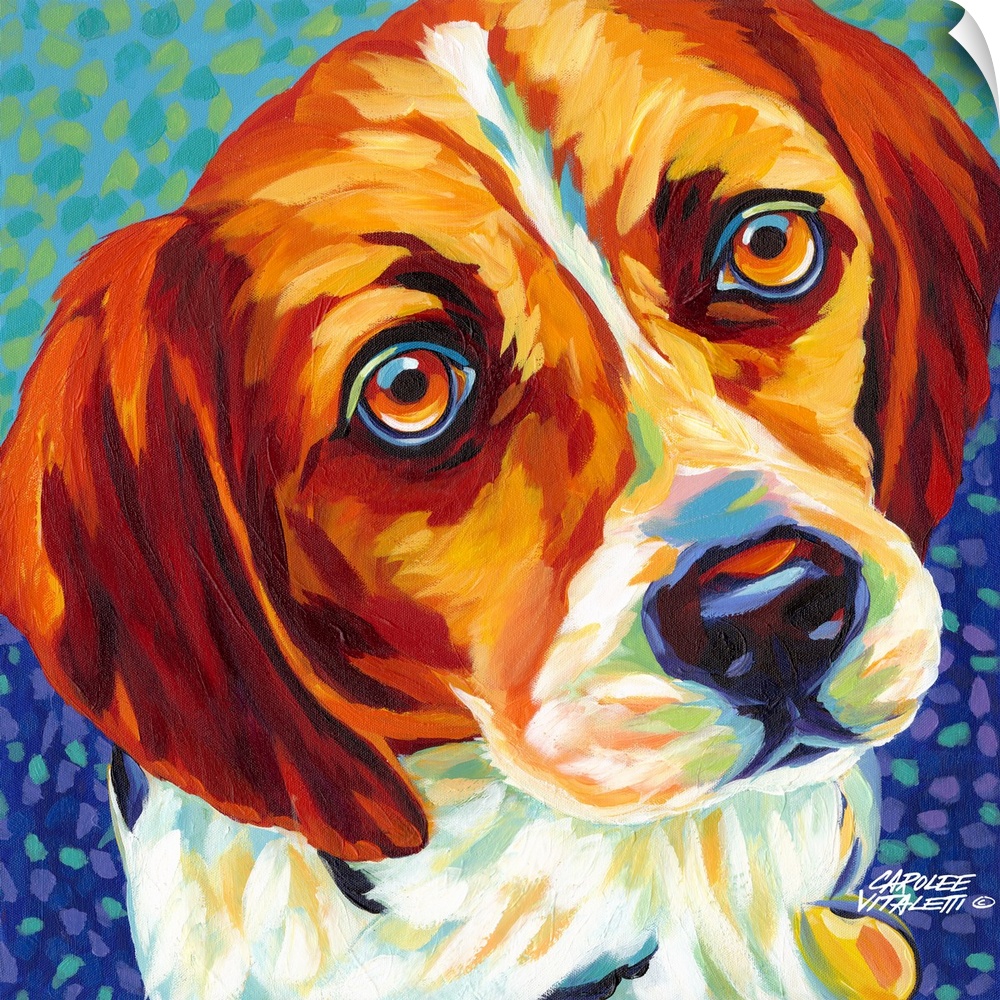 Contemporary painting of a beagle dog looking up.