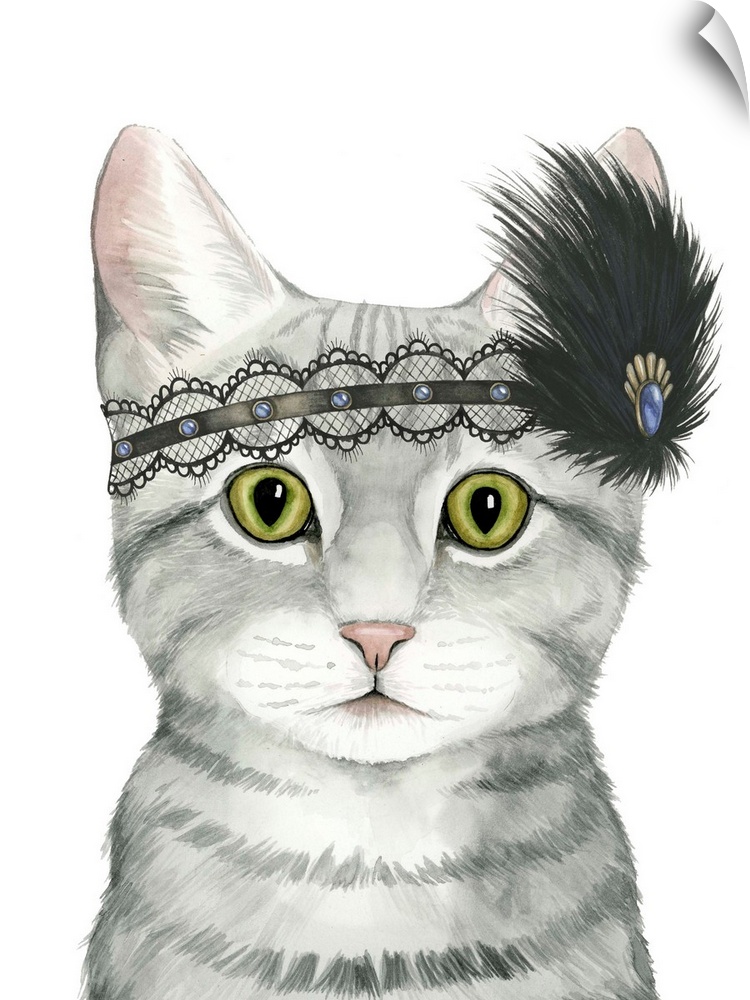 This decorative artwork features a poised but sassy cat with the upmost diva headdress.