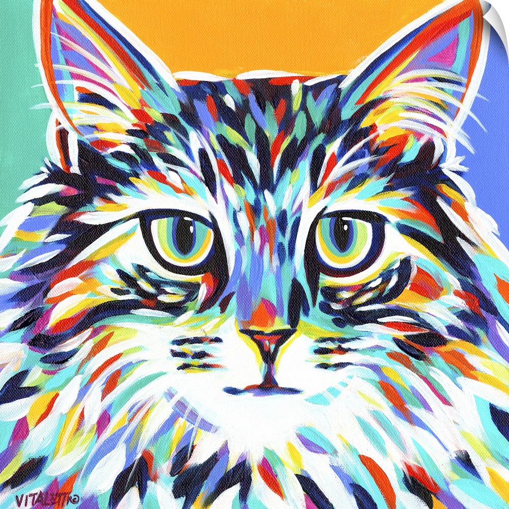 A dramatic painting of a cat in multiple colored brush strokes against of teal, orange and blue backdrop.