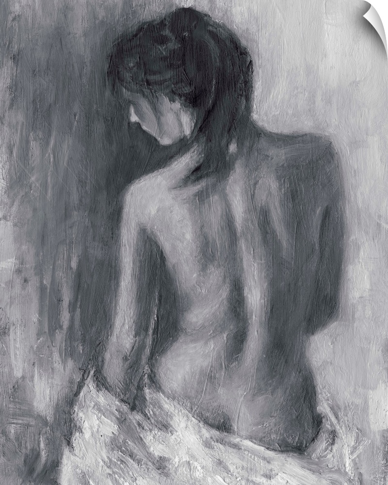 Contemporary sketch of a nude female sitting with a cloth draped around her.