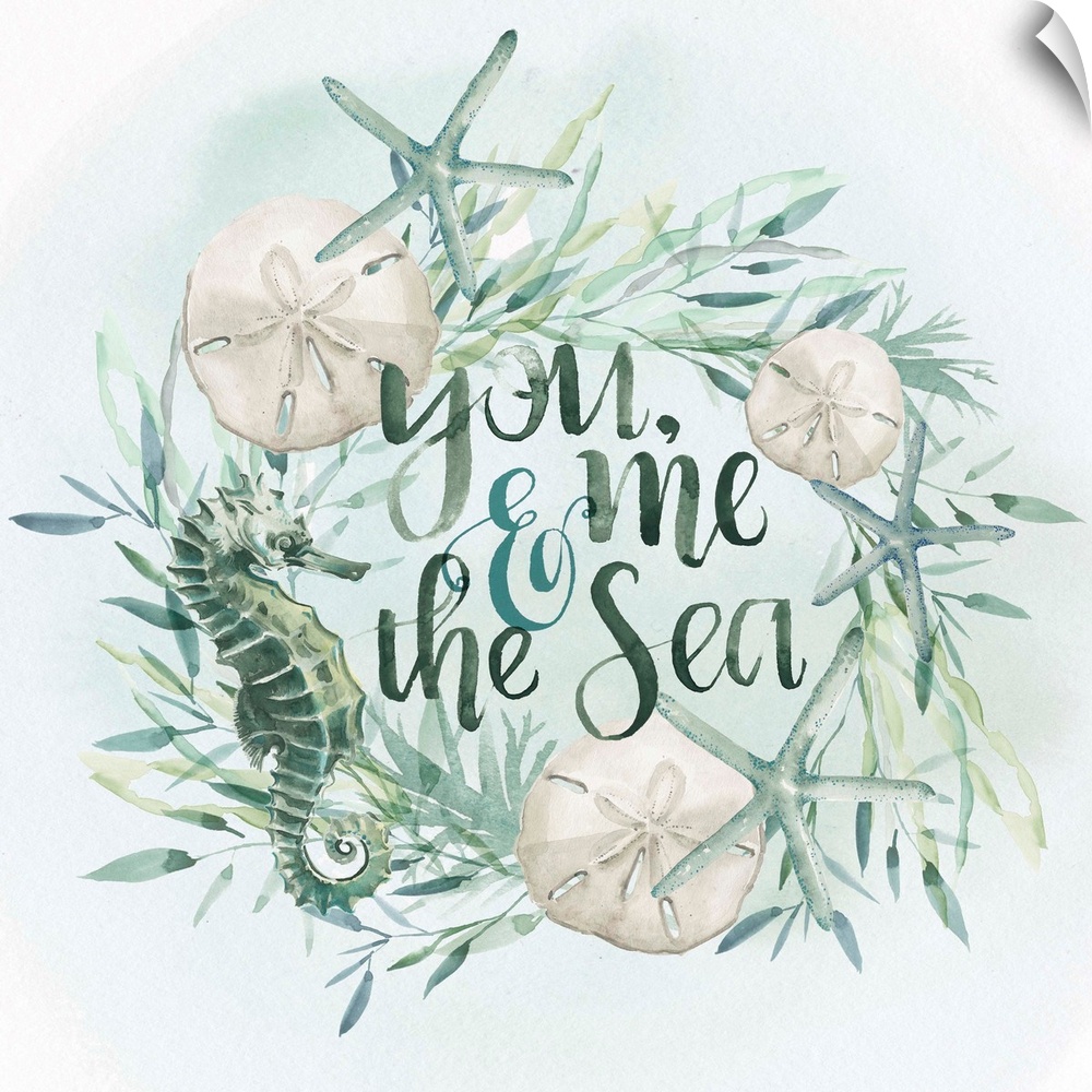 Beach-themed wreath with text "You, me, and the sea" in watercolor.