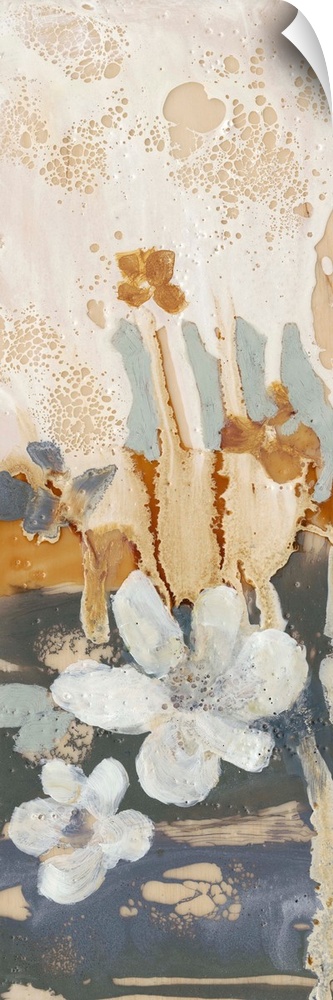 Contemporary painting of a whimsical flowers in soft white against an abstract dripping background.