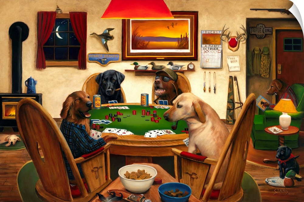 Horizontal artwork on a big canvas of four dogs, two wearing human clothing, sitting around a table playing poker and drin...