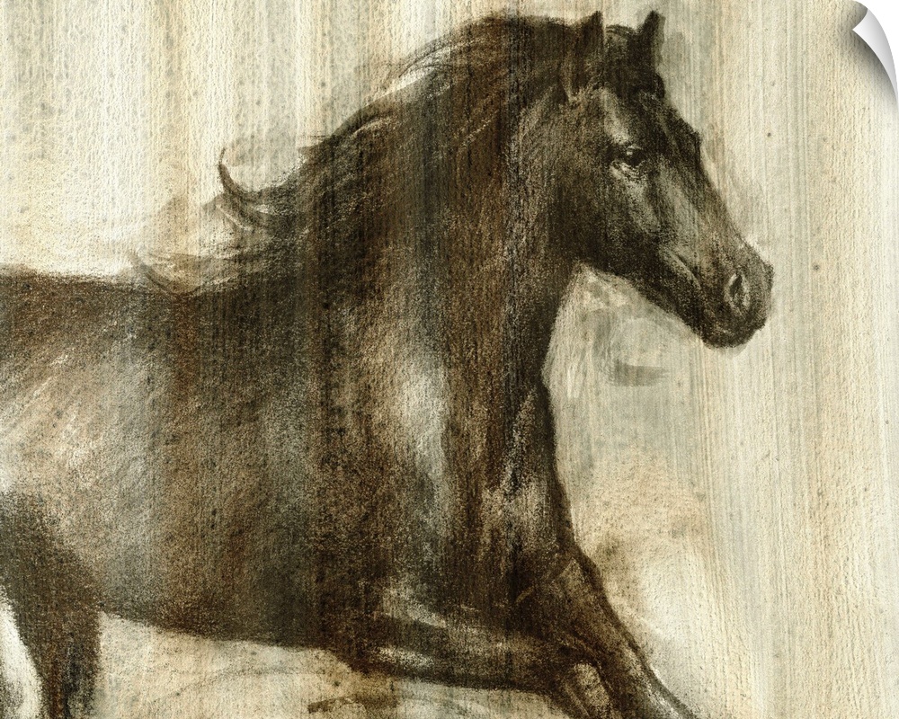 Contemporary artwork of a dark horse galloping.