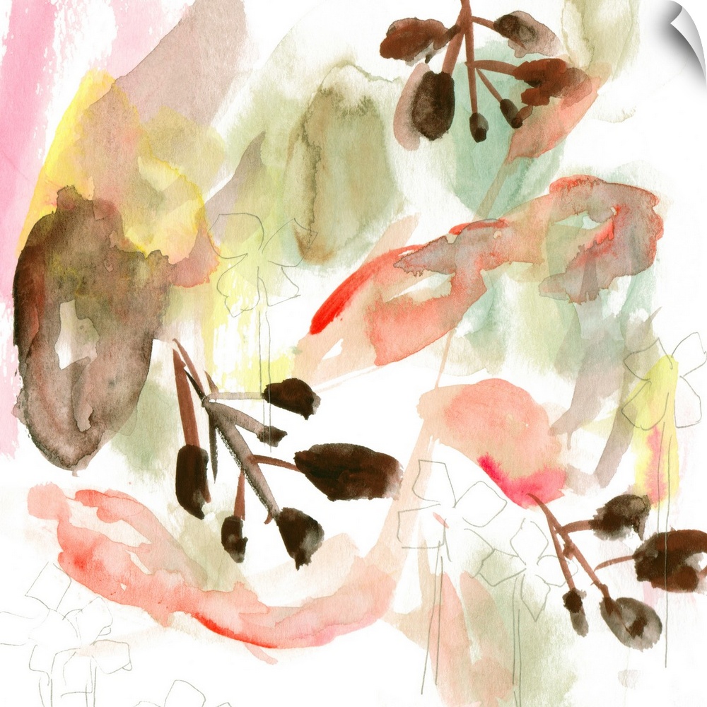 An abstracted floral painting in earth tones of brown, green and pink, with additional flower shapes sketched on top
