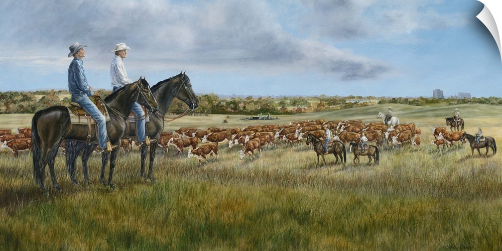 Contemporary painting of cowboys sitting atop their horses overlooking their herd.